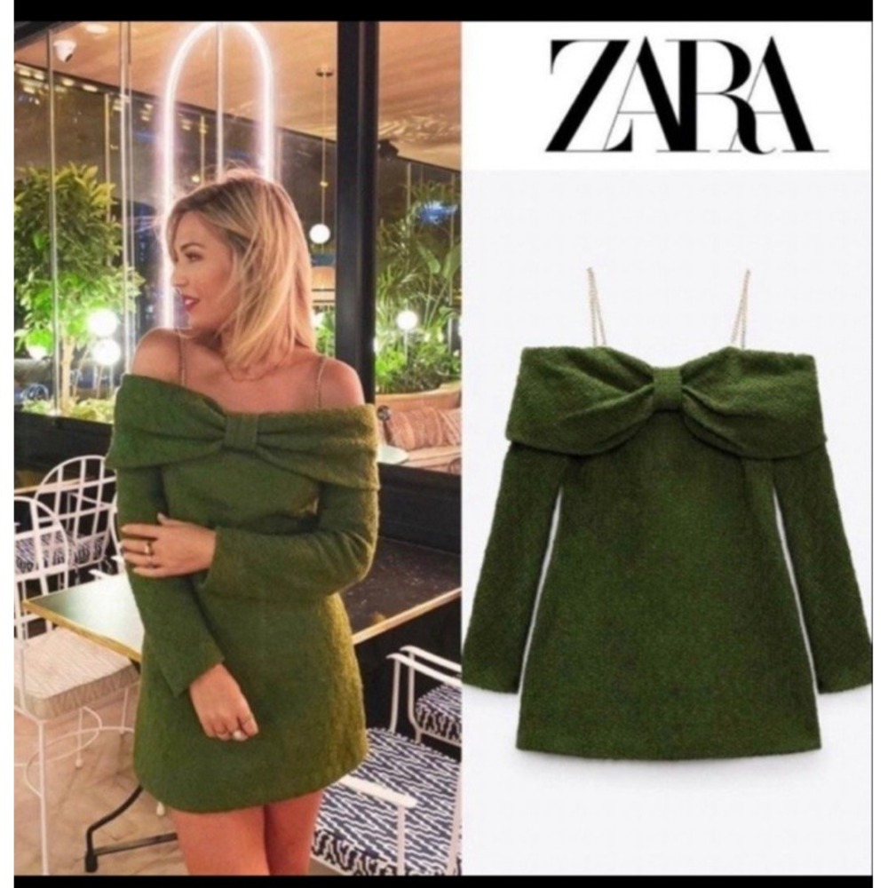 Blogger Favorite Zara Green Tweed Bow Mini Shift Sheath Long Sleeve Dress XS